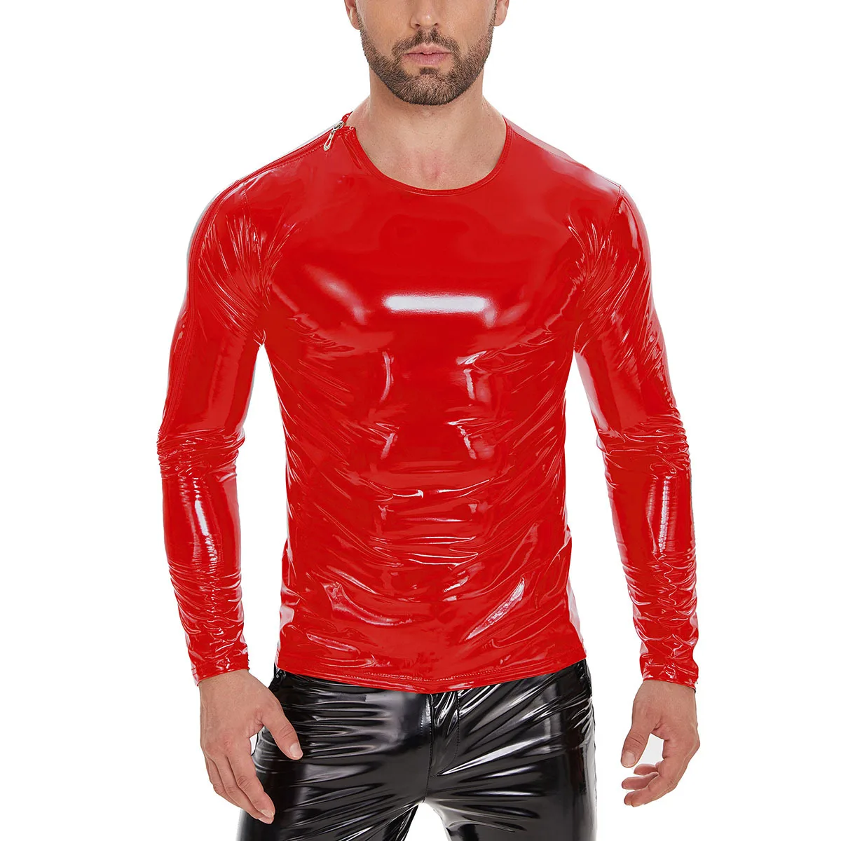 S-7XL Men Tshirt High-Gloss Patent Leather Long Sleeve Tight Coat  Shiny Jacket PU Leather Hip Hop Tee Shirts Muscle Shaper Tops