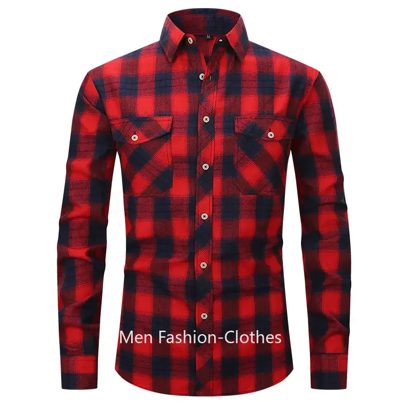 2023 Two Pocket Flannel Shirt Long-Sleeved Chest  Men Casual Plaid Design Printed-Button (USA SIZE S M L XL 2XL)