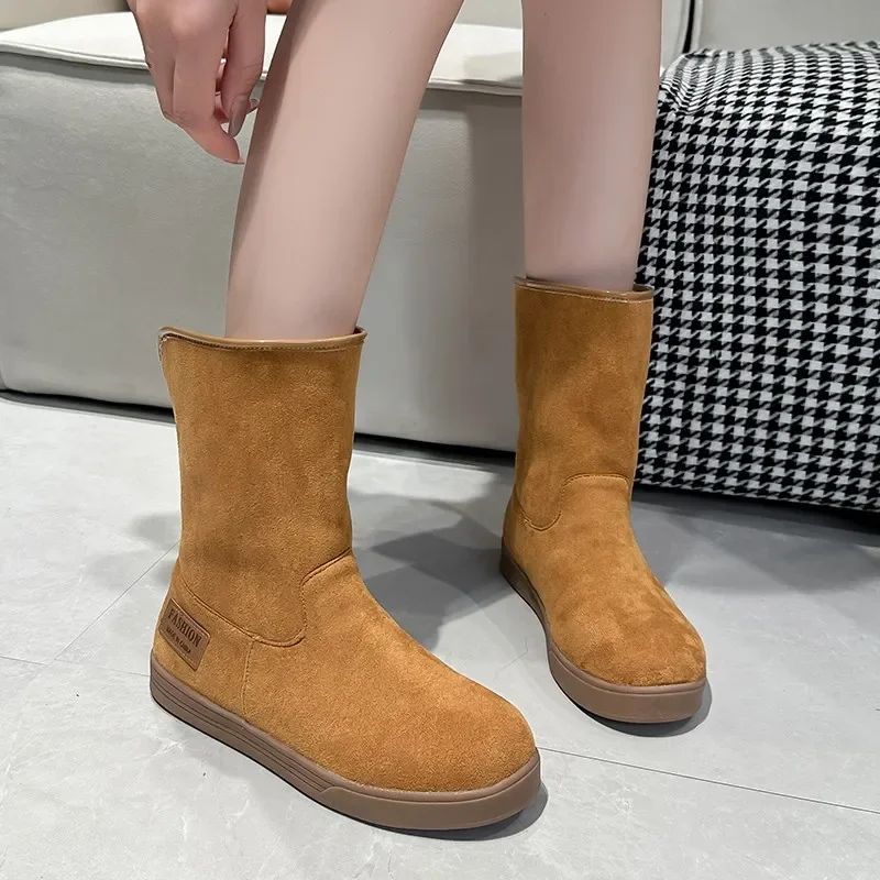 2024 New Shoes for Women Slip on Women\' Boots Winter Round Toe Solid Flock Plush Warm Comfortable Low-heeled Mid Calf Snow Boots