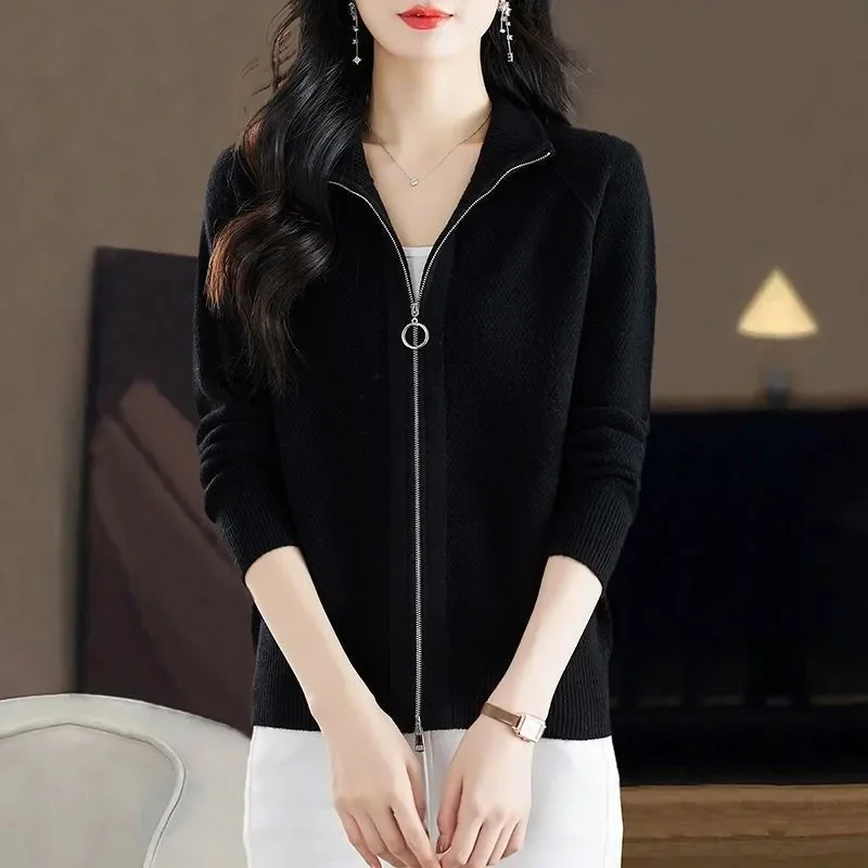 

Zipper High Collar Cardigan Women's New Knitted Spring and Autumn Loose Western Style Sweater Jacket Top