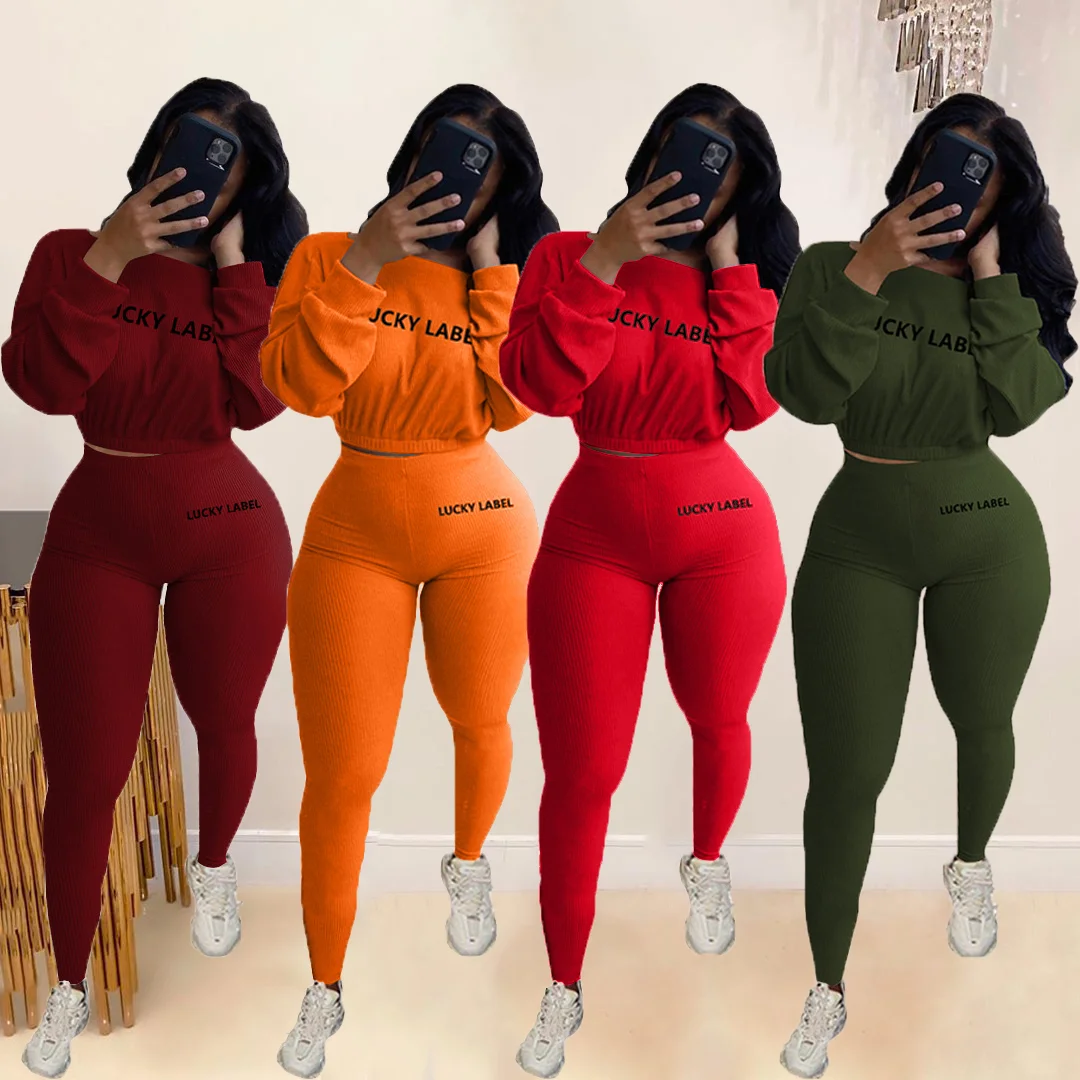 Moda letnia solidna etykieta na szczęście wyszywane litery zestawy dwuczęściowe damskie bluza + legginsy Casual sportowe dresy damskie