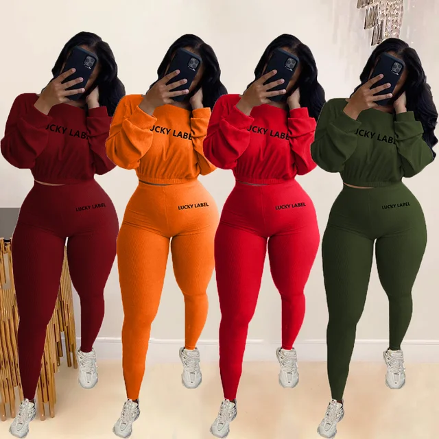 Moda letnia solidna etykieta na szczęście wyszywane litery zestawy dwuczęściowe damskie bluza + legginsy Casual sportowe dresy damskie