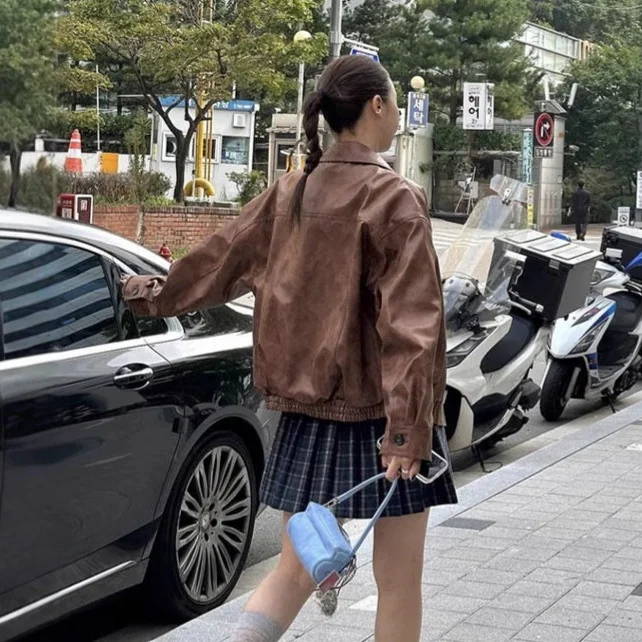 Le25 Herbst Sle Loose Fit Klassische Reine Farbe Kragen Leder Jaet Koreanische Faion Lange Sve Ci Walk Jugend Oberbekleidung