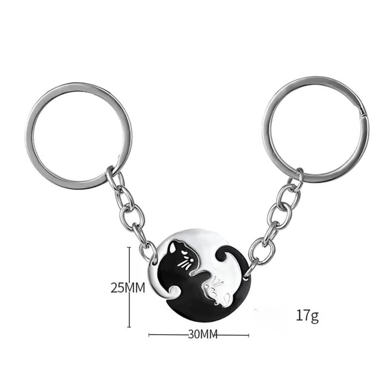 2pcs Black Cat Heart Shaped White Stainless Steel Love Combine Keychains Couples Anti Loss Keyrings Bag Pendant Accessories Gift