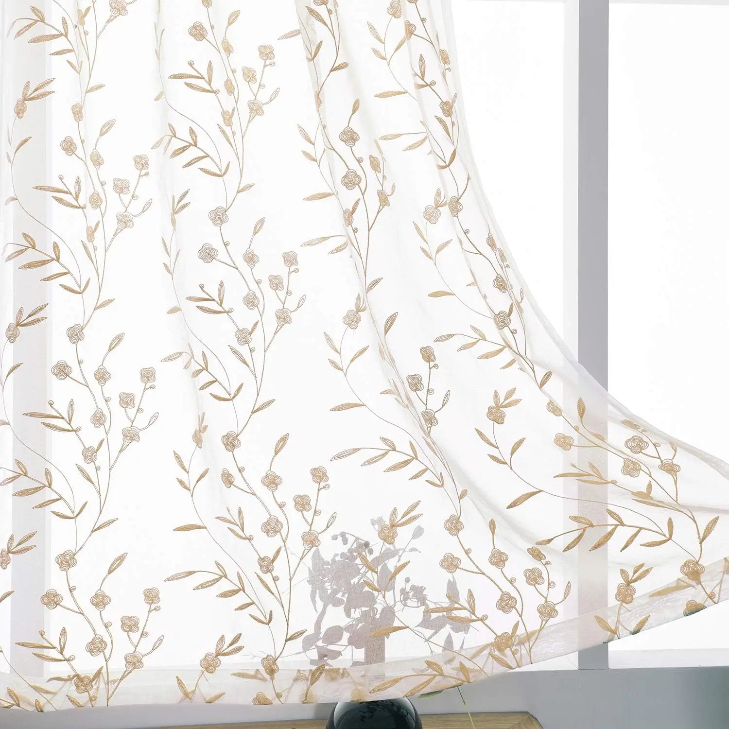 

Sheer Embroidery Curtains 63 Inch White-Beige Rod Pocket Voile Drapes for Living Room Bedroom Semi Flower Pattern Set of 2