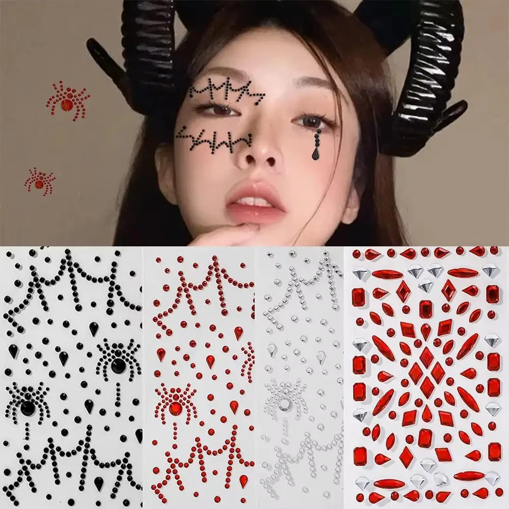 1/4 Sheet Face Jewels Crystal Tattoo Spider Pattern Facial Rhinestone Stickers Mix Size Self Adhesive Body Brow Makeup Halloween