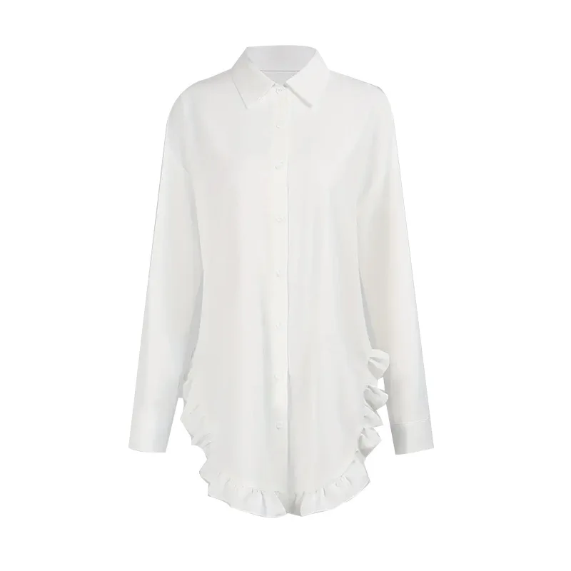 Herbst Weiß Frauen Mini Shirts Kleid Täglich 2025, Frühling Sommer Falbala Revers Langarm Casual Vintage Bluse Lose Y2K Kleidung