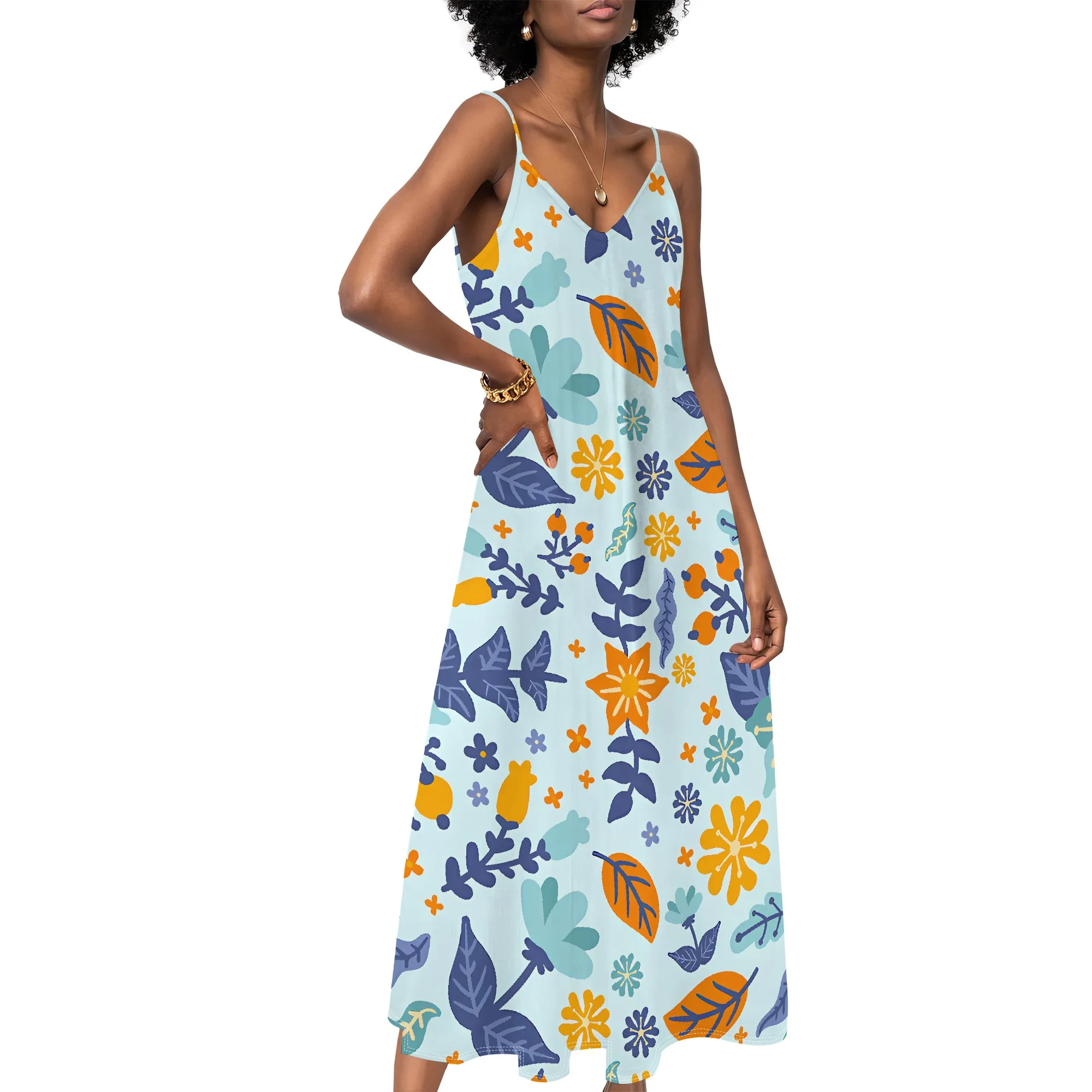 

Women's clothing 2025 spring/summer new custom casual beach loose print floral V-neck long skirt dress