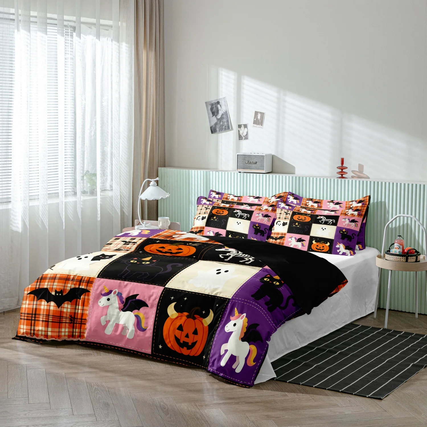  3Pcs Block Grid Patchwork Halloween Print Duvet Cover, Unicorn Ghost Pumpkin Black Cat Print Bedding, Multiple Sizes Available