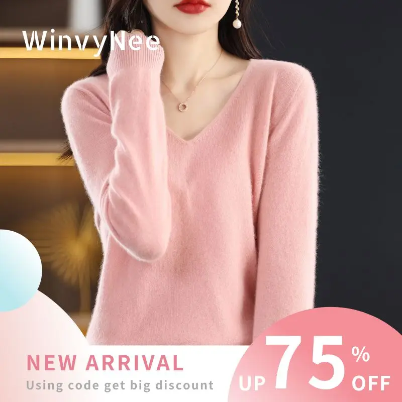 

WinvyNee Women's Clothing 100% Wool V-Neck Fitted Medium Strech Long Sleeves Solid Winter Spring Knitted Tops Pullovers A1713016