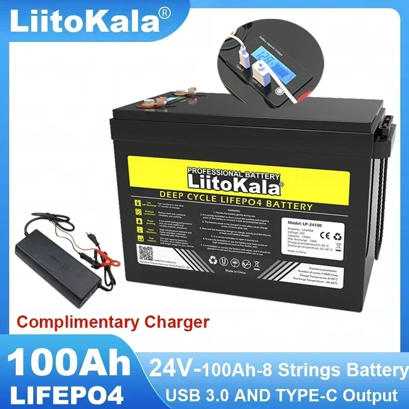 LiitoKala 24v 100Ah 80ah 8s LiFePO4 Lithium Battery USB3.0 Type-C for RV travel Inverter Car lighter Batteries 29.2V Charger