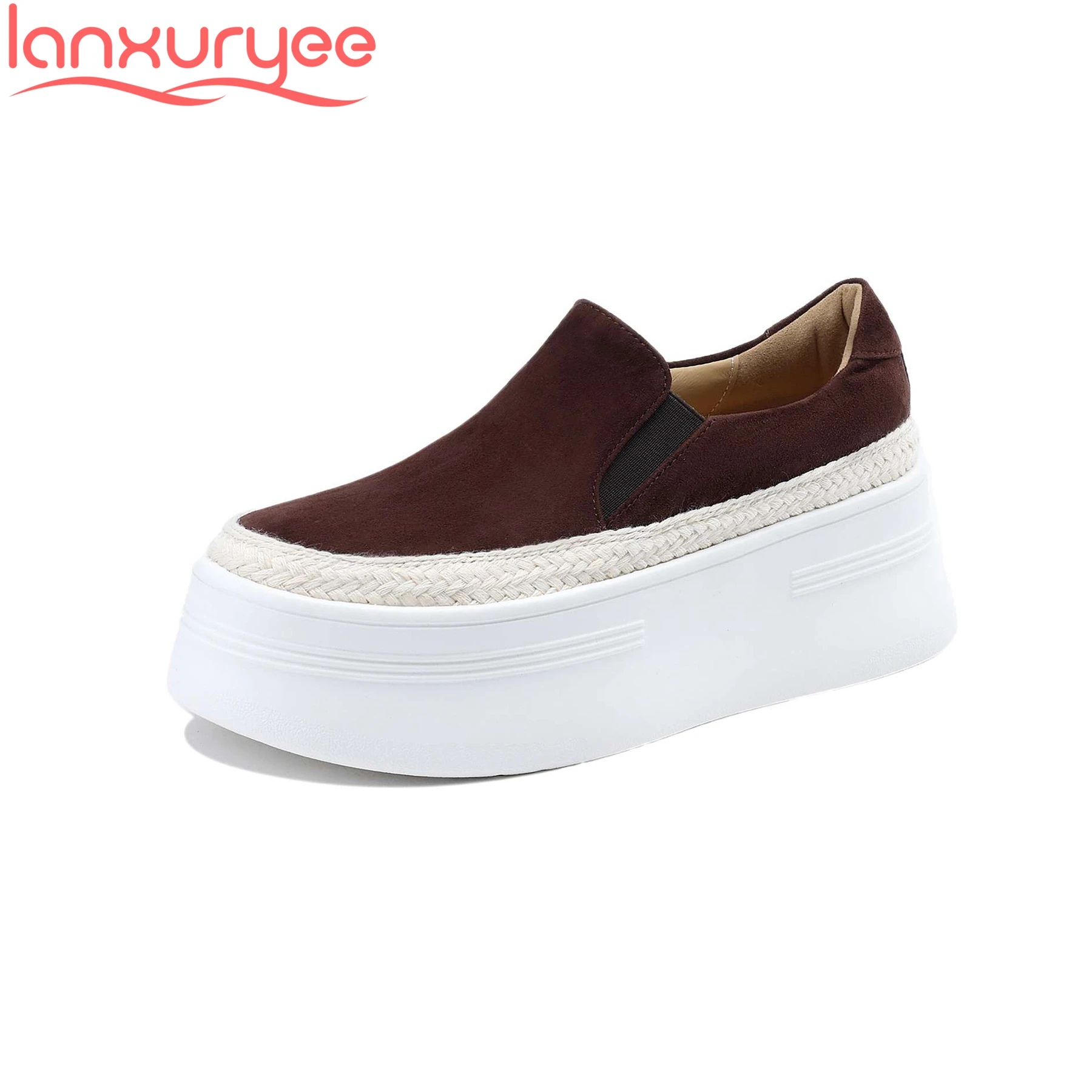 Lanxuryee 2024 pelle scamosciata di pecora fondo spesso punta tonda primavera Casual donna scarpe vulcanizzate mocassini di lusso Slip On Platform