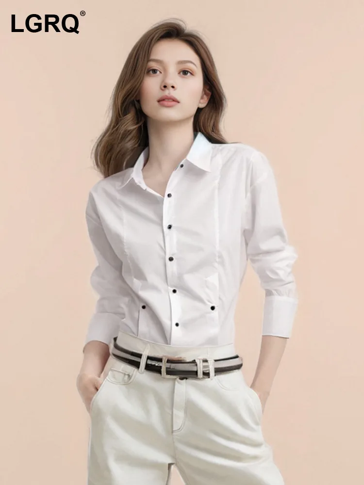 

LGRQ Women's Contrast Color Button Shirt Fashion Lapel Single Breasted Pleated Long Sleeve Blouse 2024 Autumn New Clothing Tide