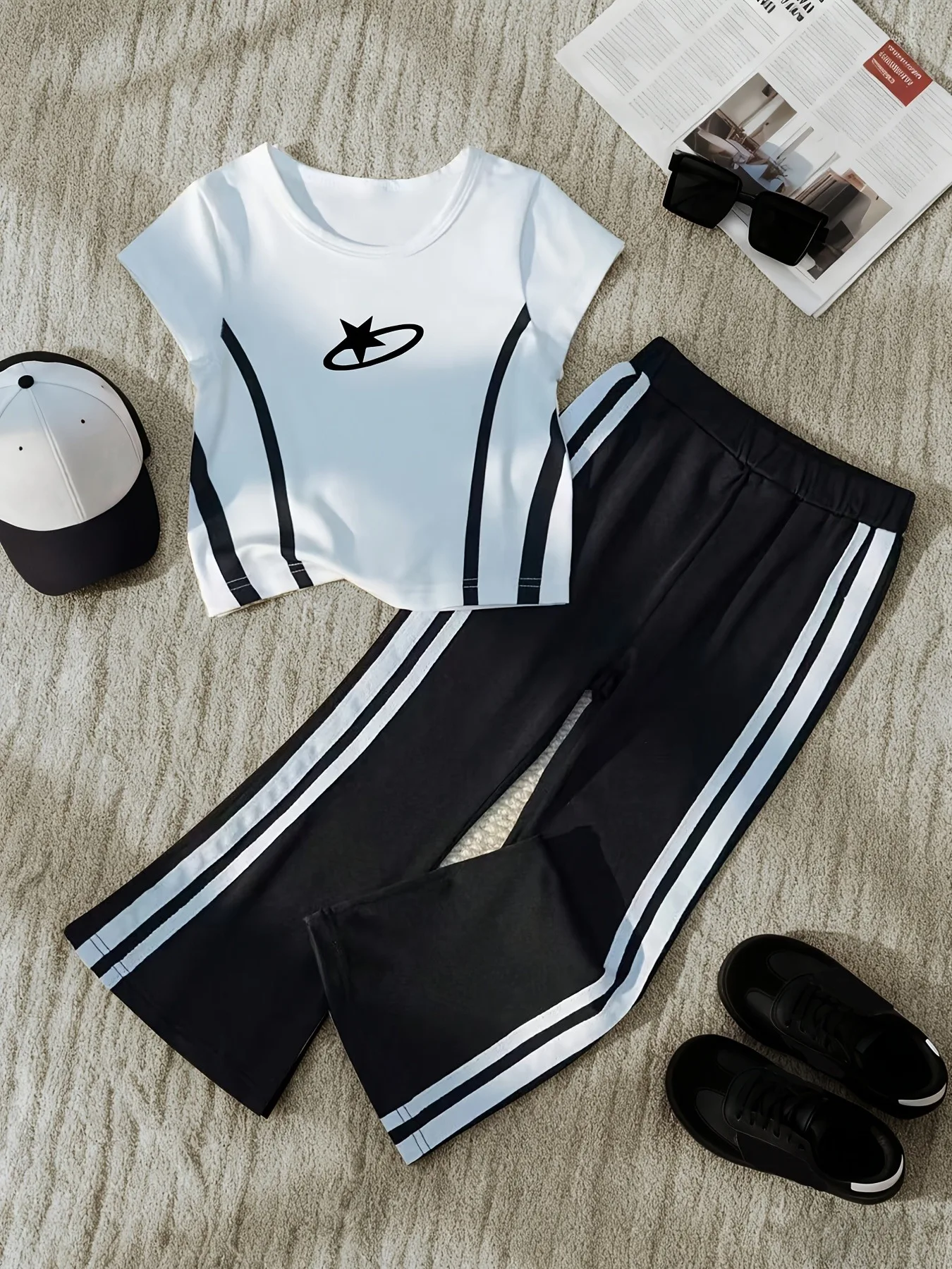 Comfy Kids Girls 2-Piece Set, Soft Breathable Fabric Star Print Top + Striped Flare Pants for School & Play
