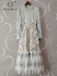 SEQINYY Green Grey Dress Summer Spring New Fashion Design Women Runway High Street Sequined Beading Ruffles Mesh Party Lace