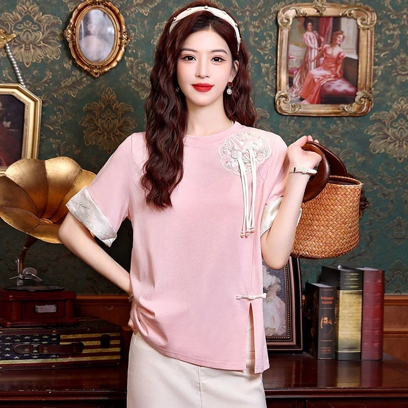 New Summer Short Sleeve Pink Women Blouse Casual Embroidery Blouse Shirt Women Tops Blusas Mujer De Moda 2024 Verano Blusa H753