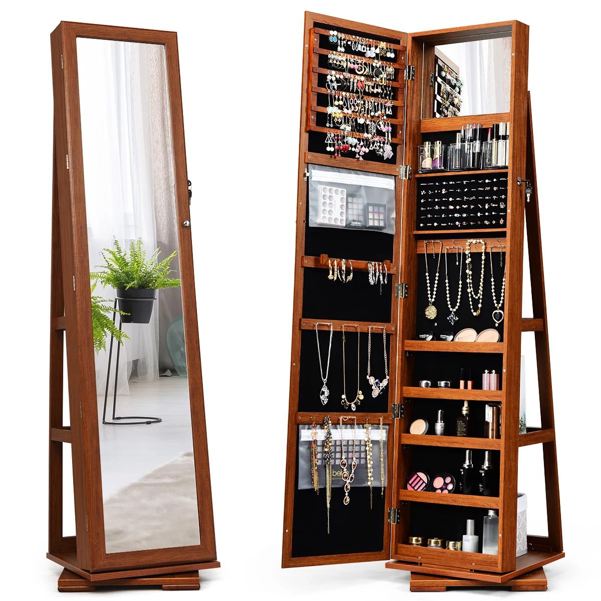 Costway 360° Rotatable Jewelry Cabinet Armoire 2-in-1 Lockable Mirrored Brown