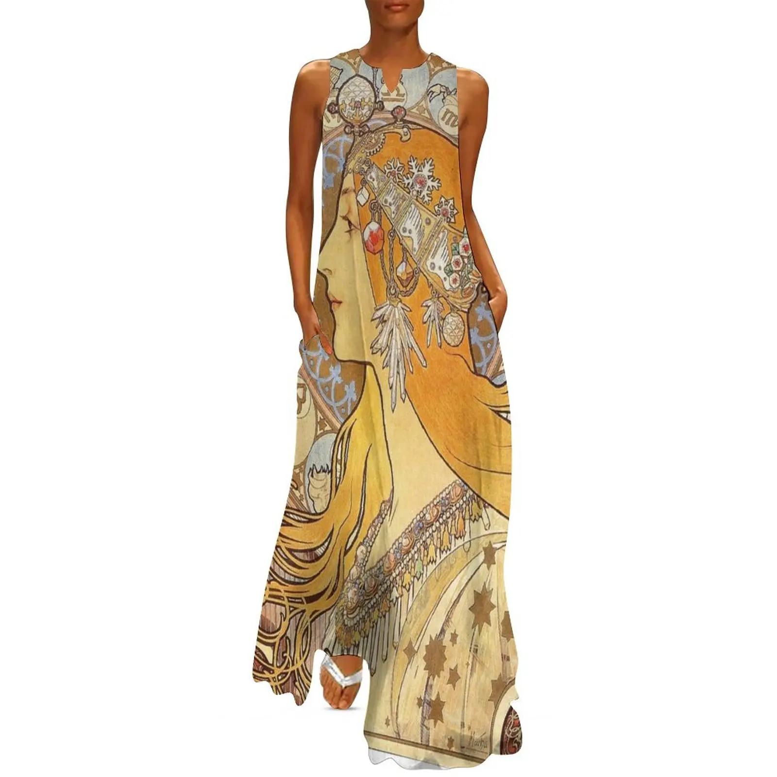 

Alphonse Mucha Zodiac Art Nouveau Woman Long Dress luxury woman party dress loose women's dress