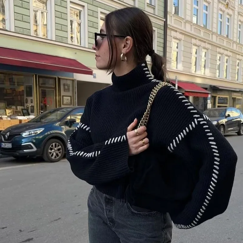 Women's Sweater Autumn/winter Outer Wear Round Neck Knitted Top Warm Versatile Chic Color Blocking Splicing Line Sweater