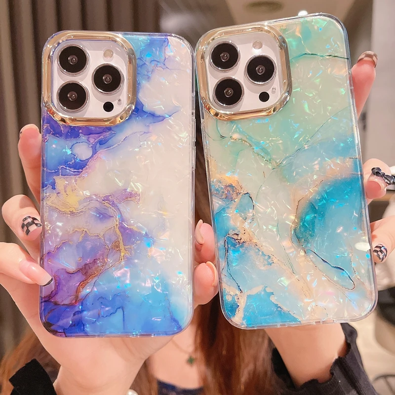 Luxury Marble Shell Pattern Phone Case For iPhone 11 12 13 14 Pro Max Plus Bumper Back Cover