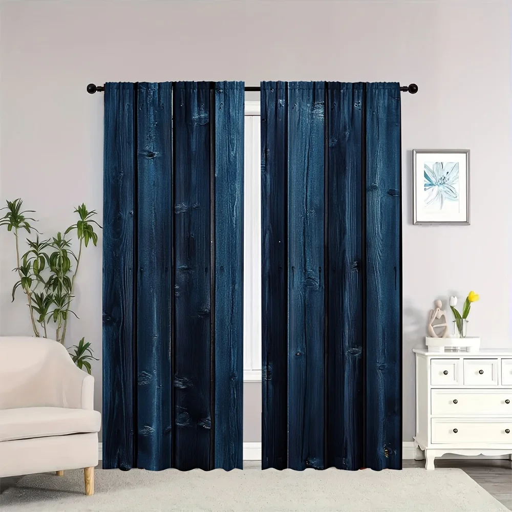 Elegant Navy Blue Blackout Curtains Rustic Wood Grain Plank Style Vertical Stripe Living Room Bedroom Window Decor Panels