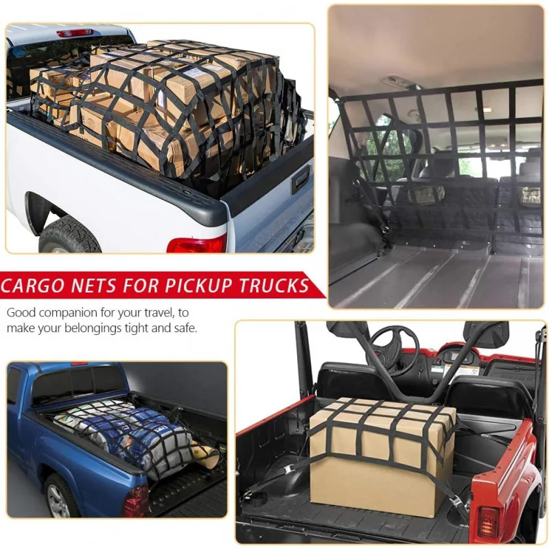 

Сверхмощная грузовая сетка 82x50, грузовая сетка, емкость 1100 фунтов с регулируемыми кулачковыми пряжками, S-крючки для транспорта пикапа с прицепом