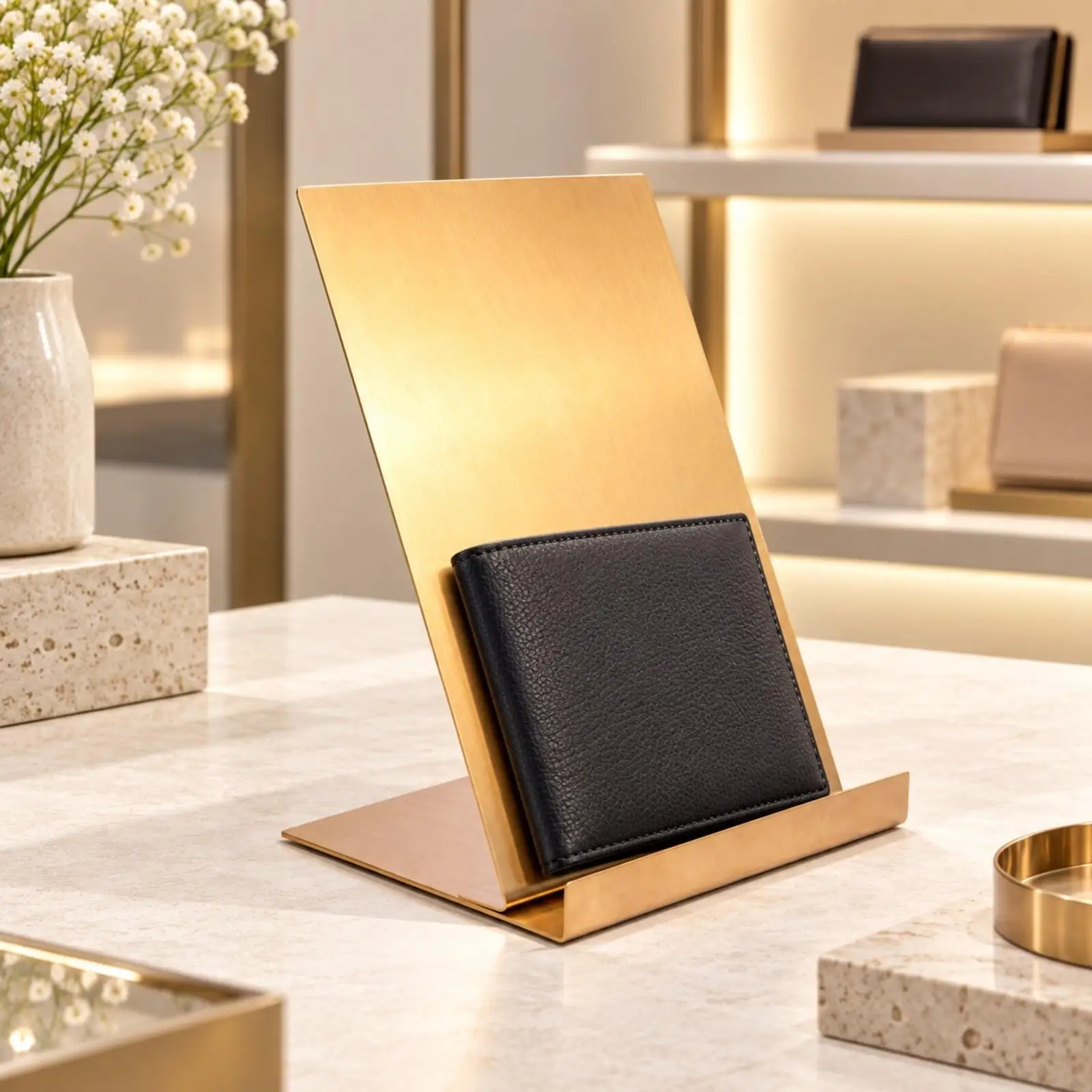Présentoir de comptoir en acier inoxydable brossé avec panneau arrière incliné pour téléphone, livre, sac à main, portefeuille, chemise, comptoir de magasin
