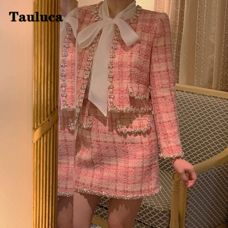 Korean Version Small Fragrance 2 Peice Set Women Matching Suit Sweet Stain Bow Tie Crystal Tweed Coat + Mini Skirt Two Pieces