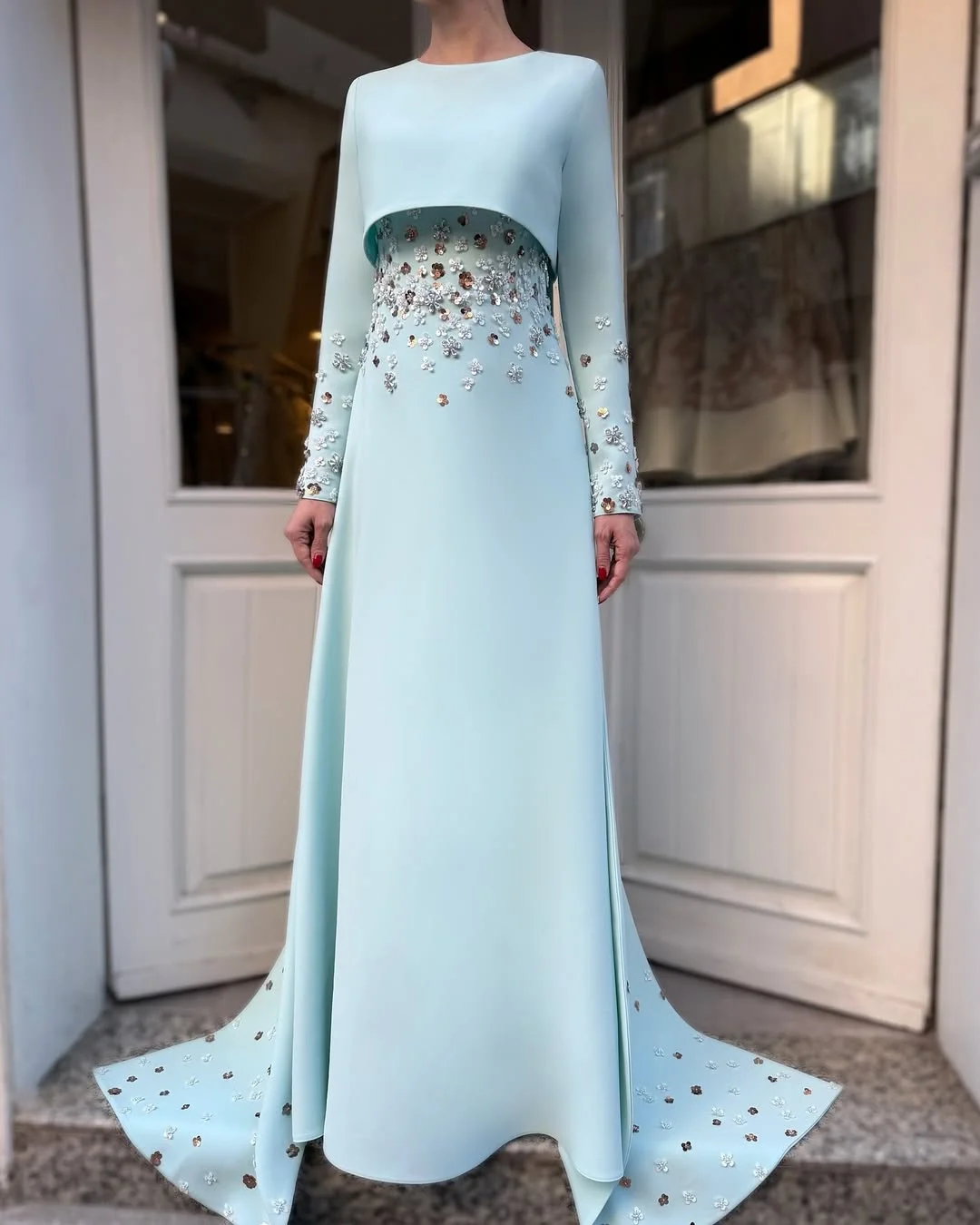 

Sky Blue Prom Dresses for Women O Neck Beading Full Sleeves Evening Gowns Long Draped A Line Luxury Formal Ball Wedding Dress