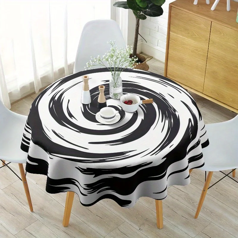 One black and white simple and retro polyester round tablecloth, with a size of 61x61 inches.zyc