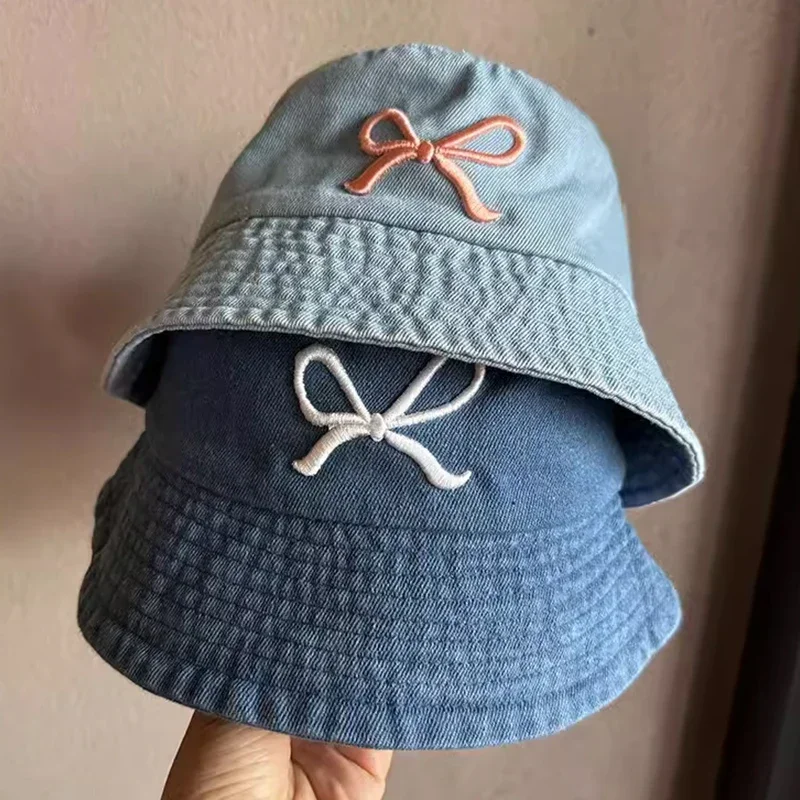 Korean Sweet Bow Embroidered Bucket Hats for Women Summer Fisherman's Hat Versatile Sunscreen Casual Retro Denim Basin Caps Men