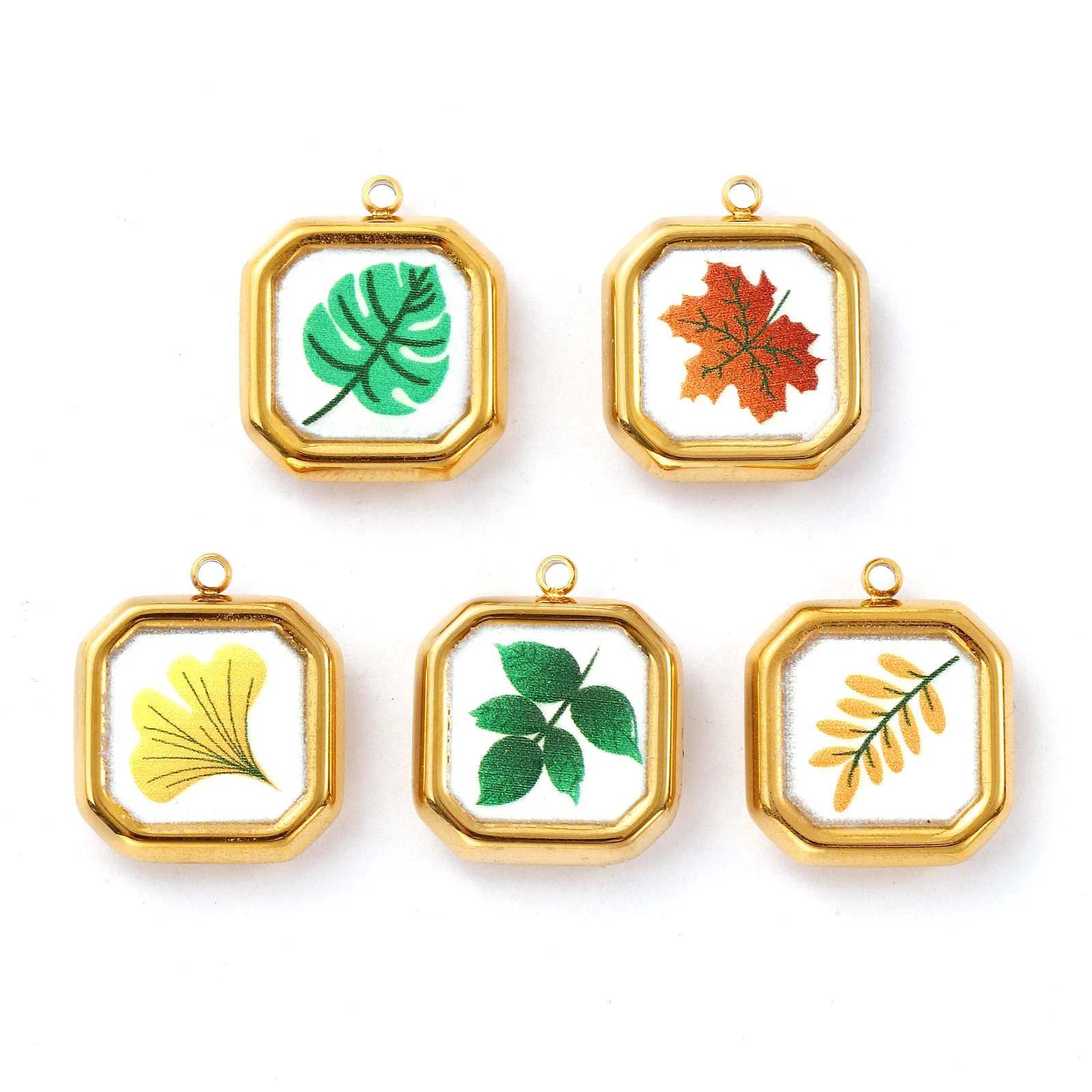 2 PCs 304 Stainless Steel Charms 18K Gold Plated Enamel Octagon Leaf Pendants For DIY Necklace Jewelry Making 18mm x 16mm