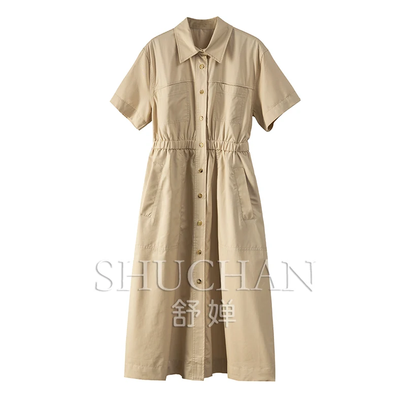 

Safari Style 86% Cotton 14% Flax Elastic Waist Short Sleeved Dress Women Vestidos Femininos Frete Grátis