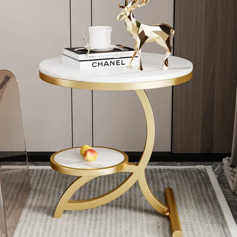 Modern 2 Tier Round End Table Storage Shelf with Faux Marble Top Gold C Shaped Legs Sofa Side Table Decorative Furniture