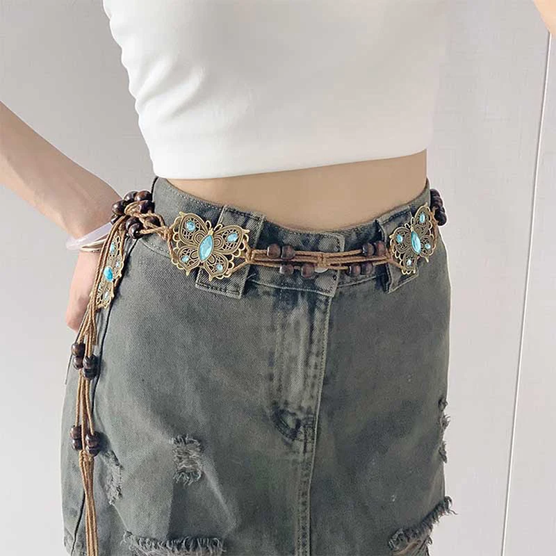 

Bohemian National Butterfly Flower Bead Tassels Rope Waist Chain Fashion Waistband Casual Decoration For Women Dress Accessories