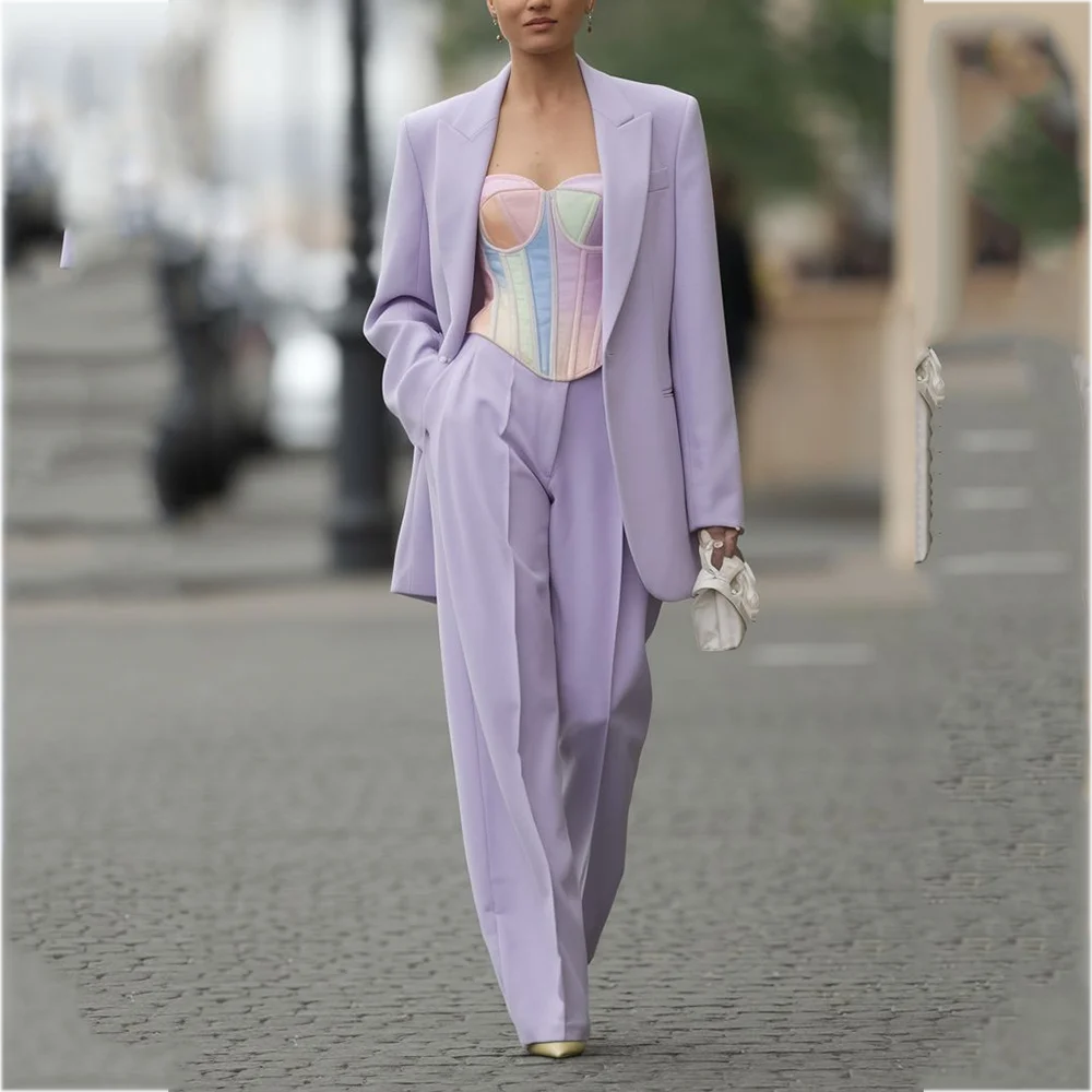 

Stylish Violet Women Suits High Street Peak Lapel Two Pieces Loose Casual Single Breasted New Matching Sets Jacket Pants