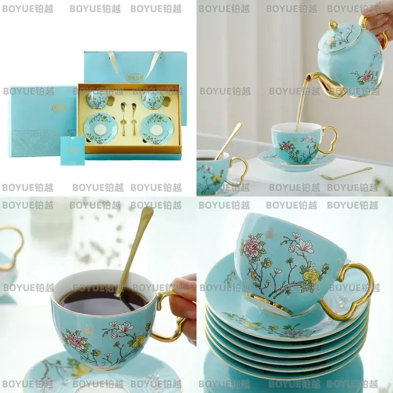 Luxury Gold Painted Suet Jade Flower Coffee Cup and Saucer Set West Lake Blue Elegant Ceramic Teacup High End Gift for Elders