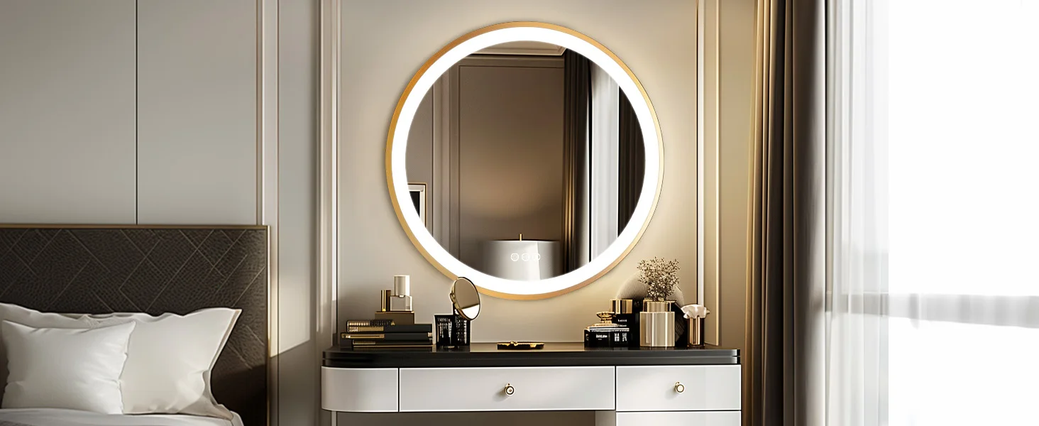 Badezimmerspiegel mit LED, 60/80 cm, runder beleuchteter Wandspiegel, Aluminium-Goldrahmen, beschlagfrei, 3 Beleuchtungsfarben, Speicherfunktion – Detail 1