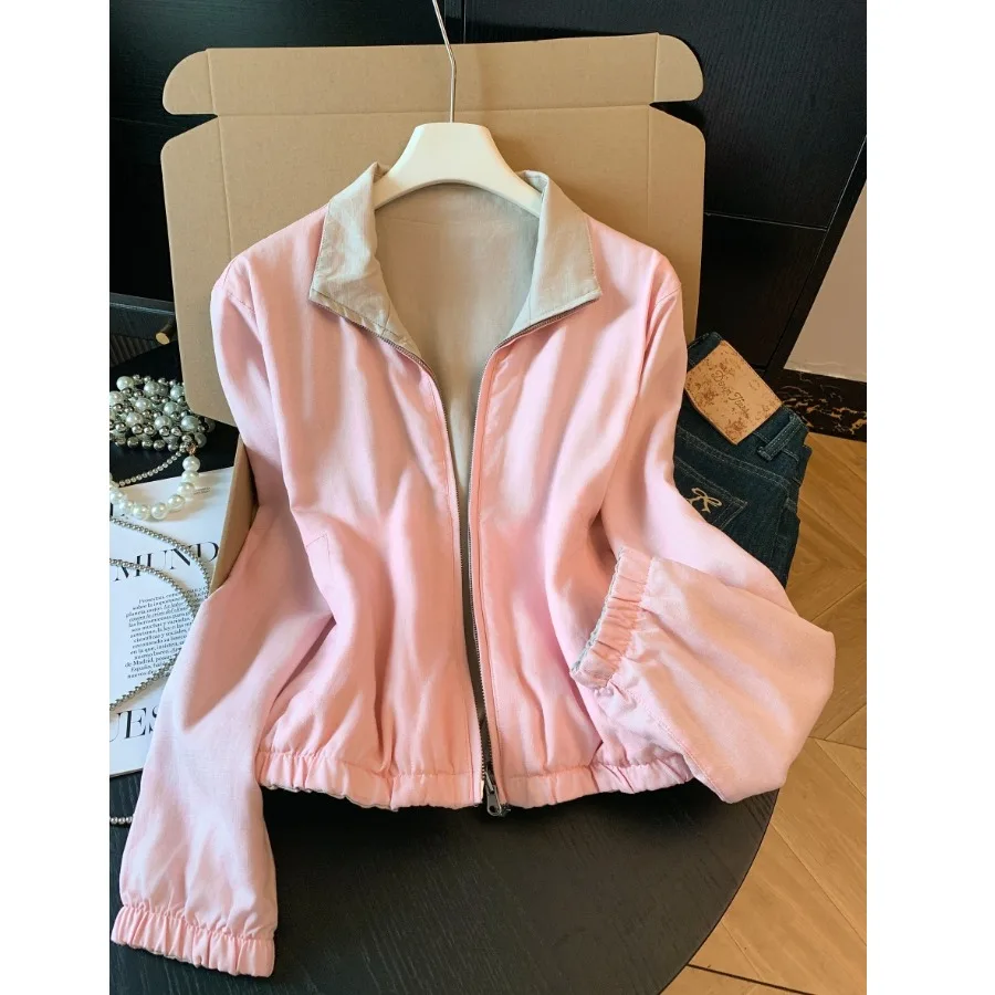 Pink Casual Cotton Linen Stand Collar Zipper Jacket Women's Short Top Double Sided Design Autumn Fashion Moneyed Style