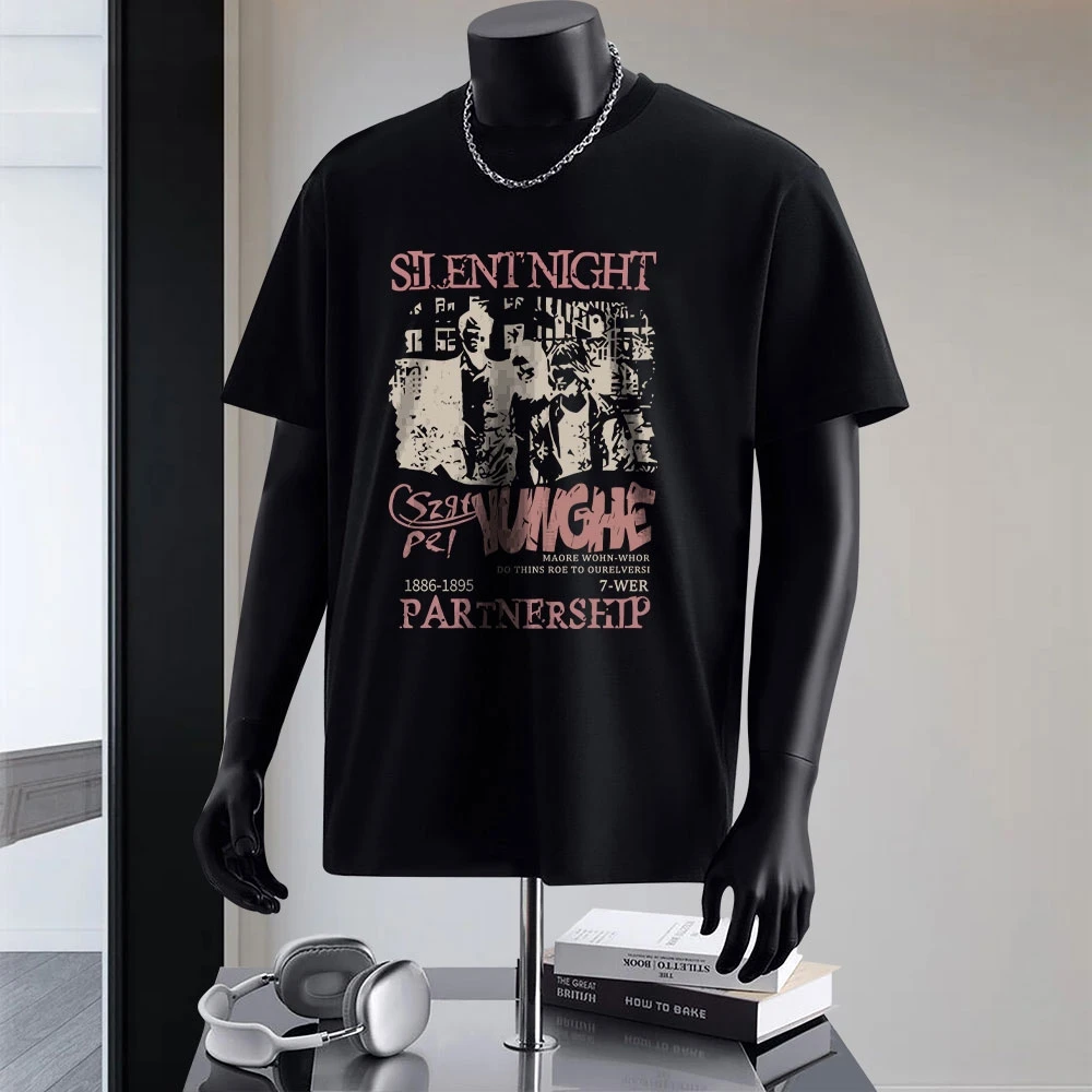 

Retro Hong Kong Style Rock Fashion Printed Heavyweight Cotton Short Sleeve Men's T-Shirt Loose Fit Youthful Energy Summer Wear