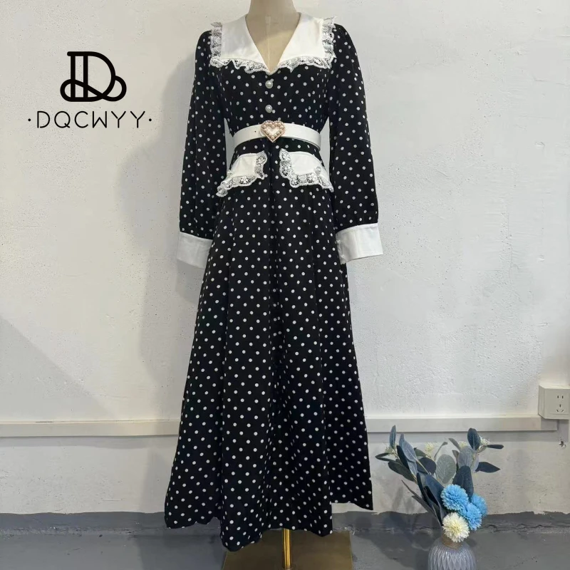 Elegant Party Dresses 2024 Newlace Lace Doll Collar Slim Fit Polka Dot Printed Dress Evening Dress Long Dresses Woman Clothing