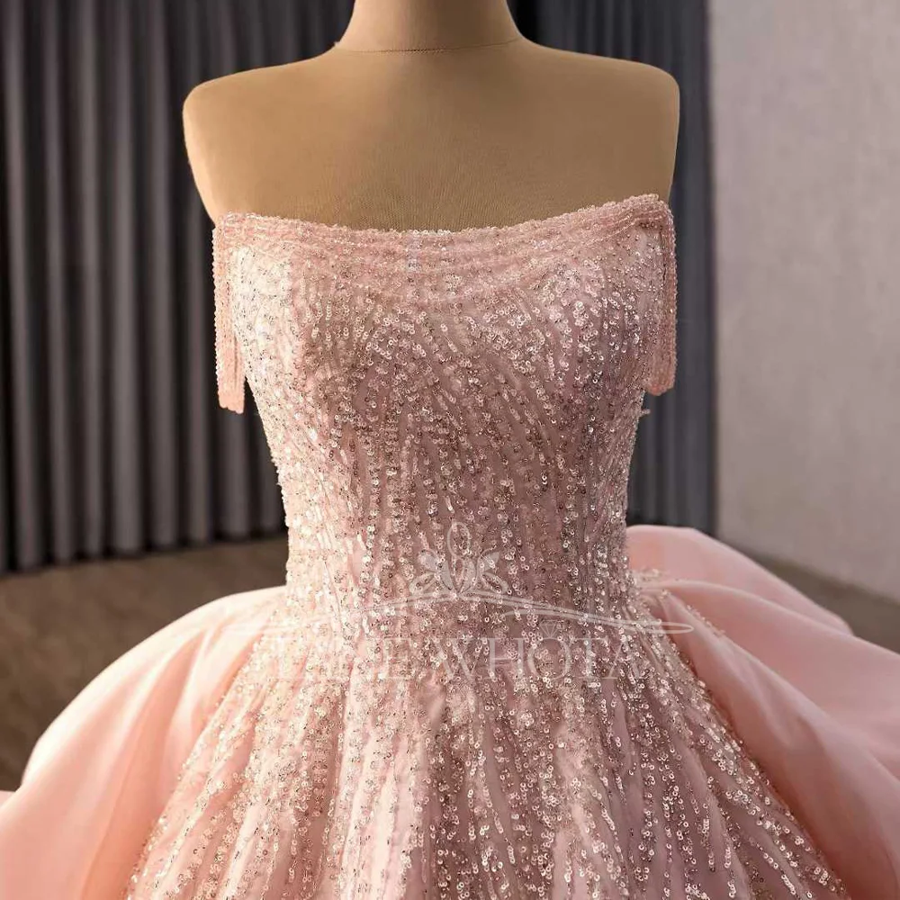 2026 فستان سهرة نسائي وردي قابل للتخصيص بدون حمالات عاري الكتفين برباط من الخلف فستان فاخر مطرز بالترتر #3