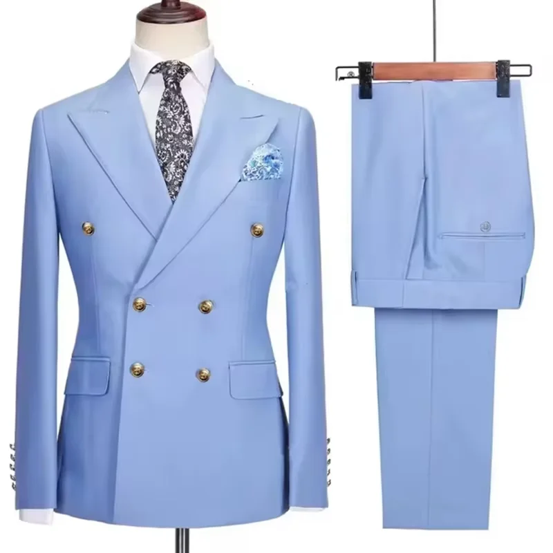 2025 New Men's 2 Piece(Jacket+Pants)Double Breasted Slim Fit Elegant Suit Wedding Groom Business Banquet Tailor-made