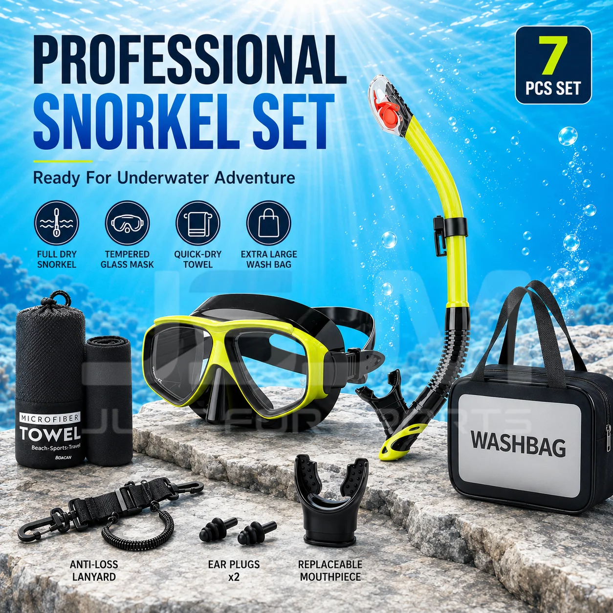 

Professional 7Pcs Snorkel Set Adult Diving Mask Full Dry Snorkel Quick Dry Towel Ear Plugs Anti-Loss Lanyard Waterproof Wash Bag