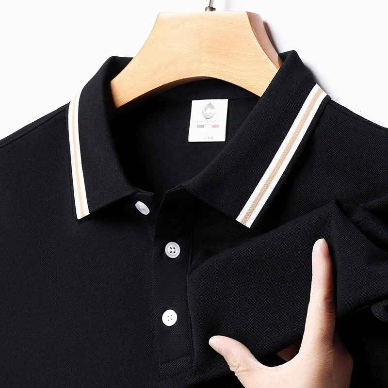 Men\'s Fashion Solid Short Sleeved Striped Lapel Polo Shirt Summer Breathable Comfortable Top