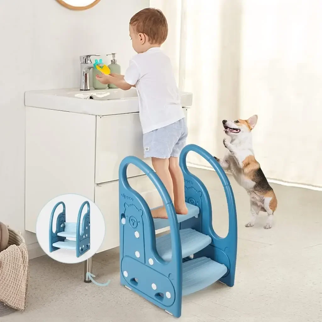 Step Stool Chair Kids 3 Step Standing Tower for Toddlers Plastic Learning Helper Stool for Kitchen Counter Bathroom Sink Toilet