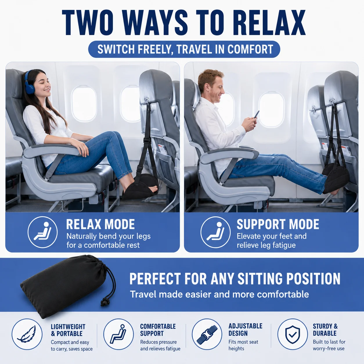 Reise-Rest-Hänge-Fußhocker mit verstellbaren Trägern, multifunktionale tragbare Hängematten-Fußstütze für Zuhause, Büro, Outdoor, Airpalne – Detail 9