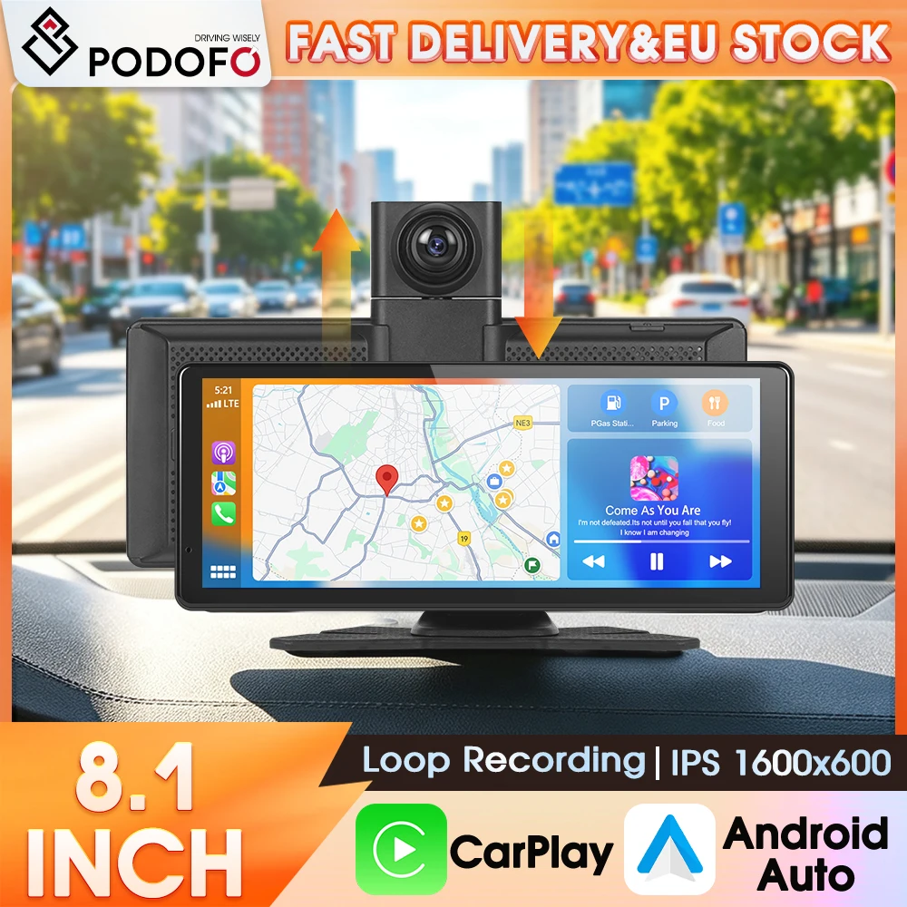 Podofo 8,1 Zoll HD-Touchscreen-Auto-Multimedia-Player, kabelloses Carplay, Android Auto, Apple Airplay, Bluetooth-Funktion, integrierte 2K-DVR-Frontkamera, Unterstützung für Rückfahrkamera,