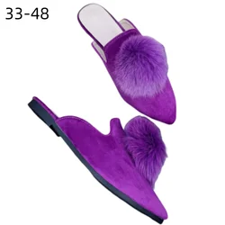 Lady 2025 New Corduroy Velvet Ball Slides Pointy Toe Shallow Mouth Green Grey Slippers No Heels Flats For Narrow Feet 32-44 27cm