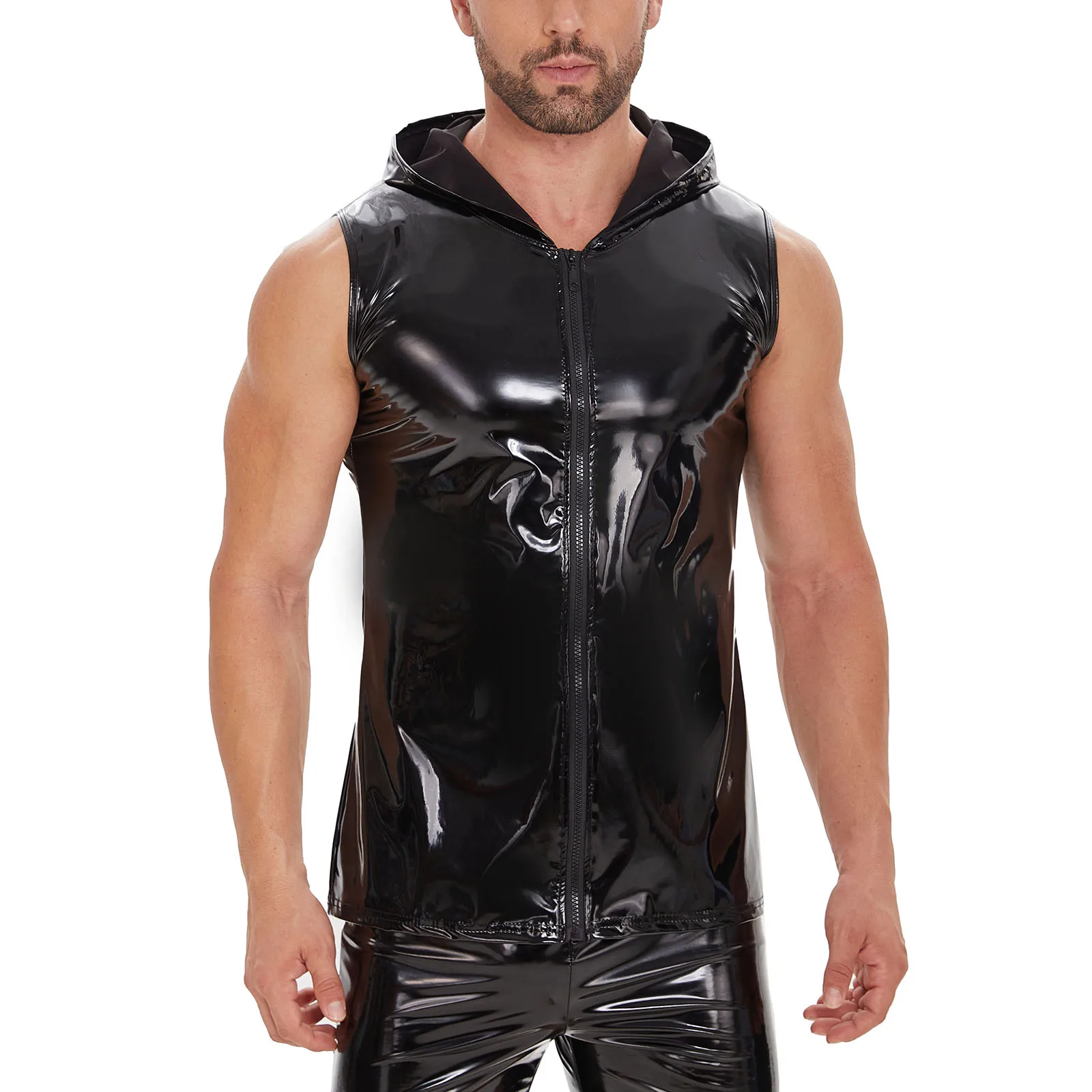 Plus Size Mens Shiny Leather Tank Top Full Zipper Glossy PVC Leather Hoodies T-Shirts Sleeveless Wetlook Latex V-Neck Vest